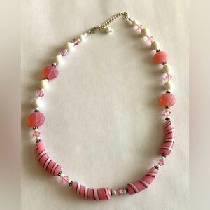 Vintage pink candy stripe blown glass necklace